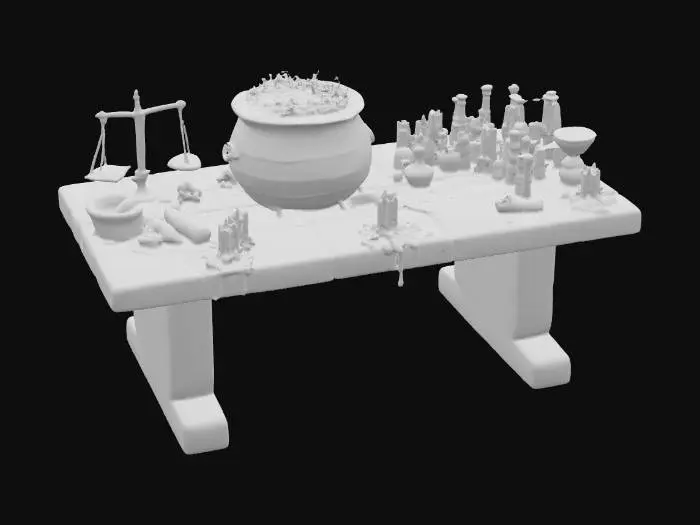 3D model for #PBR#, Medieval alchemy workstation with stone table, bronze cauldron, glass vials filled with glowing liquids, candles melted onto surface, scattered parchment, PBR textures with oxidized metal, translucent glass, rough stone, wax, and wet stains
