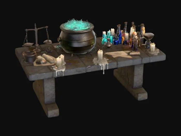 3D model for #PBR#, Medieval alchemy workstation with stone table, bronze cauldron, glass vials filled with glowing liquids, candles melted onto surface, scattered parchment, PBR textures with oxidized metal, translucent glass, rough stone, wax, and wet stains