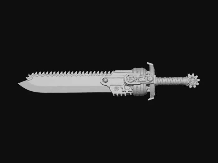 3D model for A large sword with a chainsaw-like blade on one side. Robust, dieselpunk, medieval, Highly Detailed, Ultra Realistic, well lit, even lighting