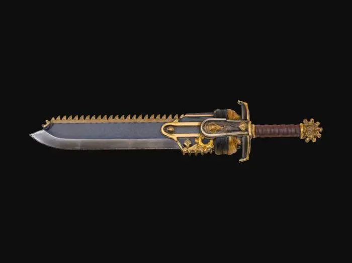 3D model for A large sword with a chainsaw-like blade on one side. Robust, dieselpunk, medieval, Highly Detailed, Ultra Realistic, well lit, even lighting