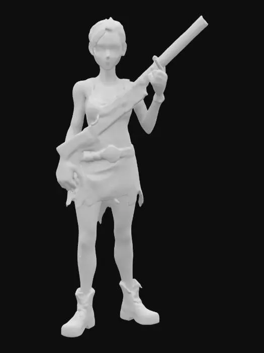 3D model for A rugged, post-apocalyptic version of a female character inspired by Velma. She wears an orange tank top, a red skirt, and combat boots, with scratches and bandages on her skin. She carries a shotgun and has a belt with ammo and a skull buckle. The scene is gritty and detailed, capturing a survivalist vibe.