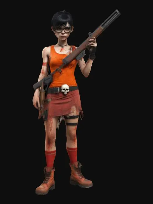 3D model for A rugged, post-apocalyptic version of a female character inspired by Velma. She wears an orange tank top, a red skirt, and combat boots, with scratches and bandages on her skin. She carries a shotgun and has a belt with ammo and a skull buckle. The scene is gritty and detailed, capturing a survivalist vibe.