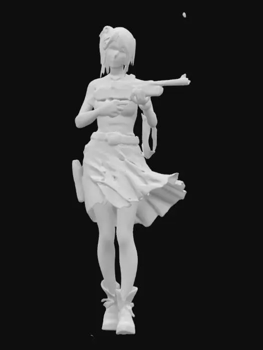 3D model for A rugged, post-apocalyptic version of a female character inspired by Velma. She wears an orange tank top, a red skirt, and combat boots, with scratches and bandages on her skin. She carries a shotgun and has a belt with ammo and a skull buckle. The scene is gritty and detailed, capturing a survivalist vibe.