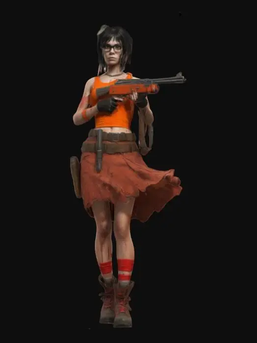 3D model for A rugged, post-apocalyptic version of a female character inspired by Velma. She wears an orange tank top, a red skirt, and combat boots, with scratches and bandages on her skin. She carries a shotgun and has a belt with ammo and a skull buckle. The scene is gritty and detailed, capturing a survivalist vibe.