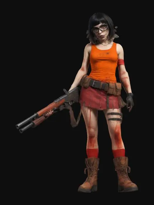 3D model for A rugged, post-apocalyptic version of a female character inspired by Velma. She wears an orange tank top, a red skirt, and combat boots, with scratches and bandages on her skin. She carries a shotgun and has a belt with ammo and a skull buckle. The scene is gritty and detailed, capturing a survivalist vibe.