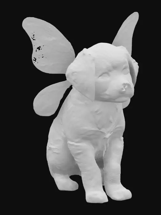 3D model for #fairy#, A fairy puppy resembling a golden retriever, with soft, fluffy fur and large, expressive eyes. Its translucent wings resemble delicate butterfly wings, slightly oversized for an adorable look. Its ears perk up with curiosity, and its tiny paws seem to hover effortlessly. The fur has a gentle shimmer, giving it a magical, otherworldly charm.