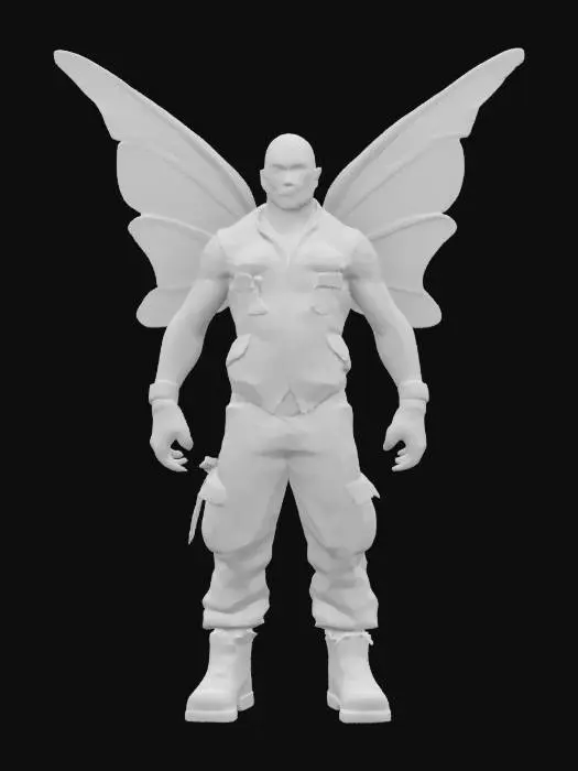 3D model for #fairy#, A muscular, bald fairy with a chiseled jawline, resembling an action hero. His translucent wings are oversized and veined like a dragonfly’s, with small battle-worn tears. He wears a rugged leather vest, fingerless gloves, and cargo pants, blending brute strength with fairy mystique. His expression is intense, exuding confidence and power.