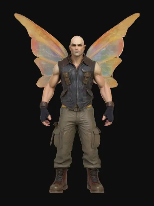 3D model for #fairy#, A muscular, bald fairy with a chiseled jawline, resembling an action hero. His translucent wings are oversized and veined like a dragonfly’s, with small battle-worn tears. He wears a rugged leather vest, fingerless gloves, and cargo pants, blending brute strength with fairy mystique. His expression is intense, exuding confidence and power.