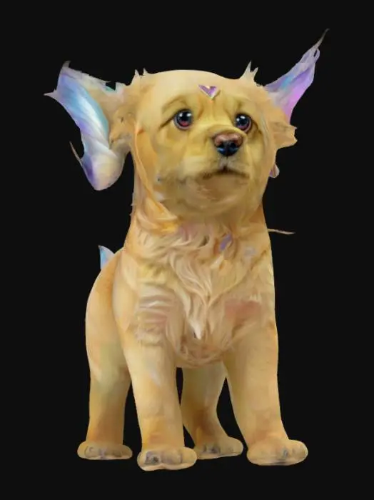 3D model for #fairy#, A fairy puppy resembling a golden retriever, with soft, fluffy fur and large, expressive eyes. Its translucent wings resemble delicate butterfly wings, slightly oversized for an adorable look. Its ears perk up with curiosity, and its tiny paws seem to hover effortlessly. The fur has a gentle shimmer, giving it a magical, otherworldly charm.