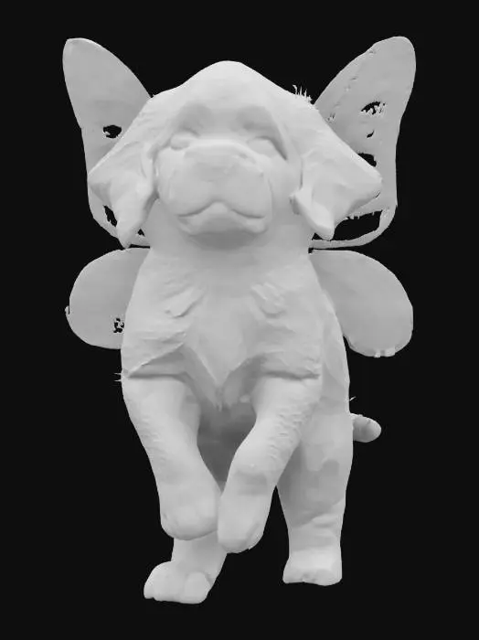 3D model for #fairy#, A fairy puppy resembling a golden retriever, with soft, fluffy fur and large, expressive eyes. Its translucent wings resemble delicate butterfly wings, slightly oversized for an adorable look. Its ears perk up with curiosity, and its tiny paws seem to hover effortlessly. The fur has a gentle shimmer, giving it a magical, otherworldly charm.