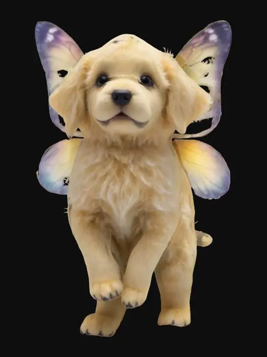 3D model for #fairy#, A fairy puppy resembling a golden retriever, with soft, fluffy fur and large, expressive eyes. Its translucent wings resemble delicate butterfly wings, slightly oversized for an adorable look. Its ears perk up with curiosity, and its tiny paws seem to hover effortlessly. The fur has a gentle shimmer, giving it a magical, otherworldly charm.
