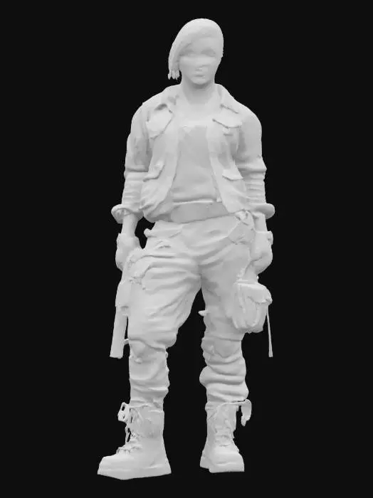 3D model for Daphne Blake as a post-apocalyptic survivor, wearing rugged, improvised gear with signs of wear and tear. Highly detailed, ultra-realistic, with dirt, scars, and a determined expression. T-pose, A-pose, Full Body