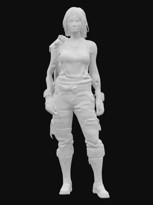 3D model for Daphne Blake as a post-apocalyptic survivor, wearing rugged, improvised gear with signs of wear and tear. Highly detailed, ultra-realistic, with dirt, scars, and a determined expression. T-pose, A-pose, Full Body