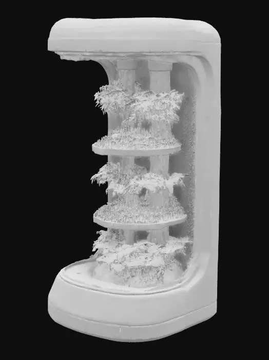 3D model for #garden#, futuristic hydroponic garden pod, sleek glass and metal structure, LED grow lights, lush plants in vertical tubes, clean sci-fi design, white and silver color palette, realistic style