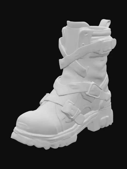 3D model for #PBR#, Black cyberpunk boot with chunky sole, matte leather base, chrome buckles and plates, neon blue accents glowing softly, rough rubber tread, scratches and dirt for realism, PBR textures highlighting contrast between glossy metal and worn matte surfaces