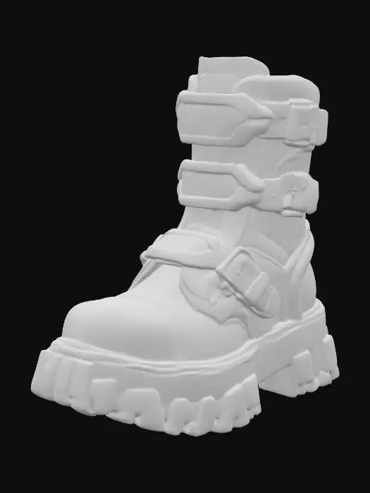 3D model for #PBR#, Black cyberpunk boot with chunky sole, matte leather base, chrome buckles and plates, neon blue accents glowing softly, rough rubber tread, scratches and dirt for realism, PBR textures highlighting contrast between glossy metal and worn matte surfaces. Highly detailed, ultra realistic. Colorful