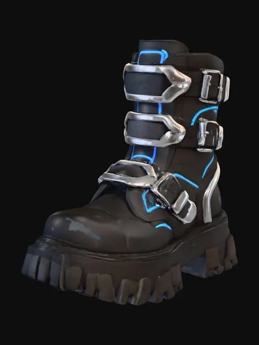 3D model for #PBR#, Black cyberpunk boot with chunky sole, matte leather base, chrome buckles and plates, neon blue accents glowing softly, rough rubber tread, scratches and dirt for realism, PBR textures highlighting contrast between glossy metal and worn matte surfaces. Highly detailed, ultra realistic. Colorful