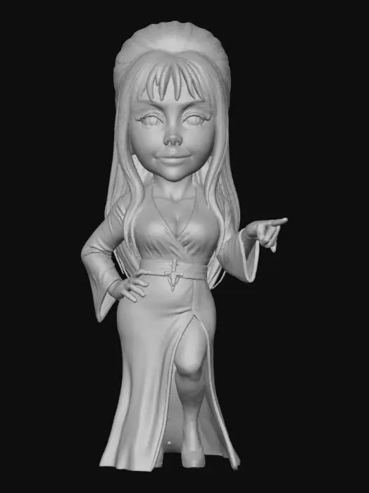 3D model for #Halloween2025#, A cute, chibi-style mini Elvira figurine, featuring an exaggerated head with large, sparkling eyes and a mischievous smirk. She wears a glossy jet-black gothic dress with a deeply sculpted neckline, showcasing a smooth, slightly stretched fabric texture. Her iconic voluminous black hair is intricately textured, cascading over a pale, smooth face. The figure has soft, rounded edges, conveying a delicate, plastic-like feel. She strikes a playful pose, one hand on her hip, ready for Halloween.