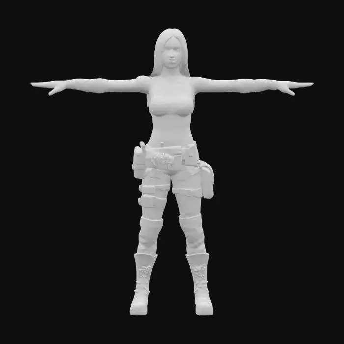 3D model for Daphne Blake as a post-apocalyptic survivor, wearing rugged, improvised gear with signs of wear and tear. Highly detailed, ultra-realistic, with dirt, scars, and a determined expression. T-pose, A-pose, Full Body