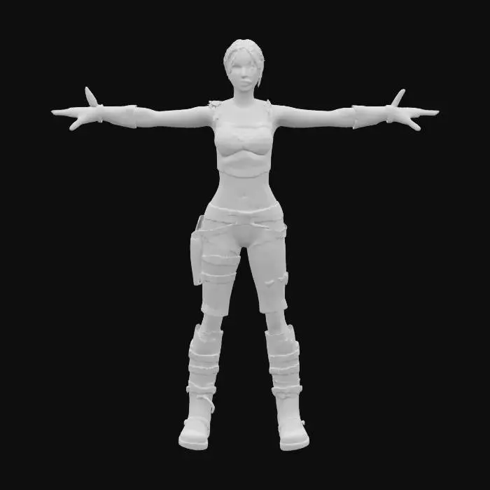 3D model for Daphne Blake as a post-apocalyptic survivor, wearing rugged, improvised gear with signs of wear and tear. Highly detailed, ultra-realistic, with dirt, scars, and a determined expression. T-pose, A-pose, Full Body
