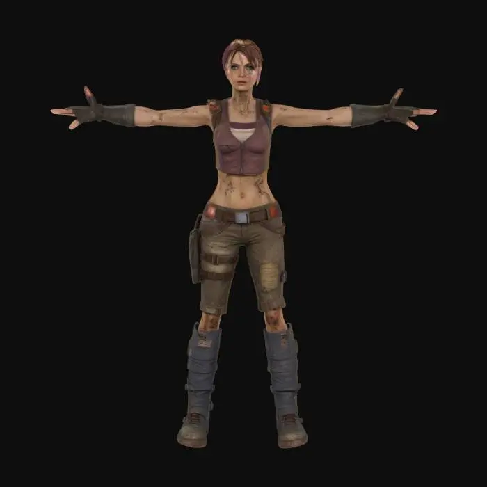 3D model for Daphne Blake as a post-apocalyptic survivor, wearing rugged, improvised gear with signs of wear and tear. Highly detailed, ultra-realistic, with dirt, scars, and a determined expression. T-pose, A-pose, Full Body