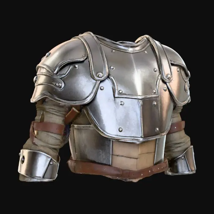 3D model for #PBR#, Highly detailed medieval shoulder armor, polished steel plates with scratches and dents, leather straps with worn edges, cloth padding inside, realistic PBR textures showing metallic reflections and roughness, battle-worn but functional design. Highly detailed, ultra realistic.