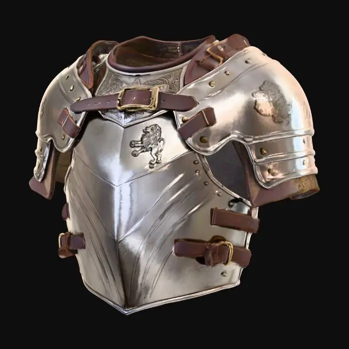 3D model for #PBR#, Highly detailed medieval shoulder armor, polished steel plates with scratches and dents, leather straps with worn edges, cloth padding inside, realistic PBR textures showing metallic reflections and roughness, battle-worn but functional design. Highly detailed, ultra realistic.