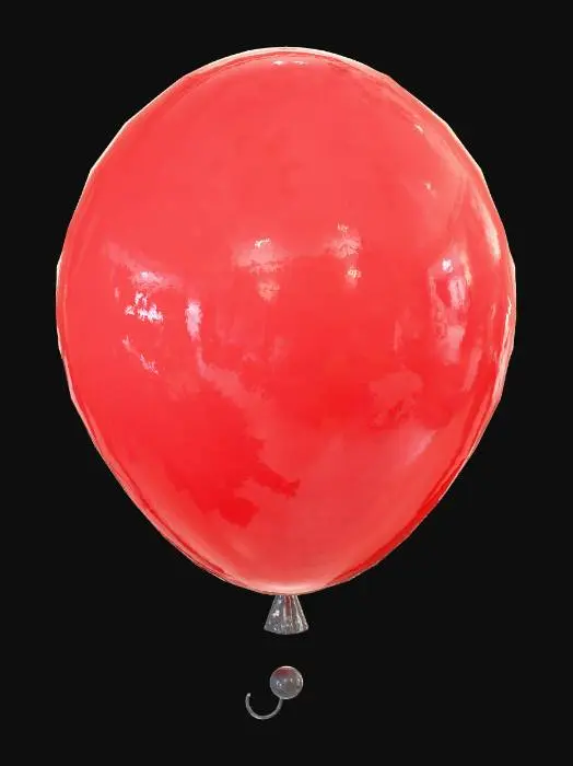 3D model for A shiny red balloon, cartoon style, round teardrop shape, thick black outline, glossy highlight on the front, simple tied knot at the bottom, bright saturated color, Bloons Tower Defense art style, game asset, centered, no background