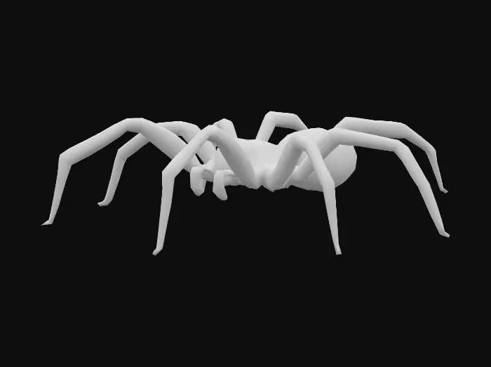 3D model for Low poly black spider with straight legs for easy rigging in Blender. Red glowing eyes. Stylized, game-ready model, clean topology, no extra background. Legs should be evenly spaced, simple geometry, all legs straight and not bent, symmetrical body. Minimal polygons for mobile or Unity use.