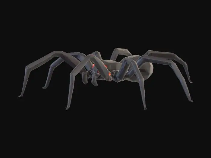 3D model for Low poly black spider with straight legs for easy rigging in Blender. Red glowing eyes. Stylized, game-ready model, clean topology, no extra background. Legs should be evenly spaced, simple geometry, all legs straight and not bent, symmetrical body. Minimal polygons for mobile or Unity use.