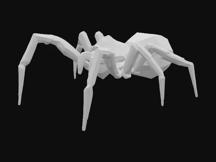 3D model for Low poly black spider with straight legs for easy rigging in Blender. Red glowing eyes. Stylized, game-ready model, clean topology, no extra background. Legs should be evenly spaced, simple geometry, all legs straight and not bent, symmetrical body. Minimal polygons for mobile or Unity use.