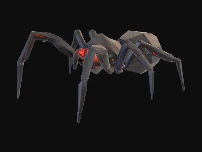 3D model for Low poly black spider with straight legs for easy rigging in Blender. Red glowing eyes. Stylized, game-ready model, clean topology, no extra background. Legs should be evenly spaced, simple geometry, all legs straight and not bent, symmetrical body. Minimal polygons for mobile or Unity use.