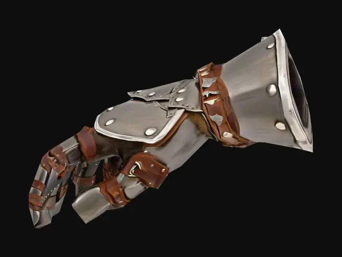 3D model for A medieval fantasy Glove armor, designed for a male warrior. The Glove is made of steel with a slightly worn, battle-used look. Strong Glove plate, leather straps and buckles on the sides, engraved ornaments along the edges.