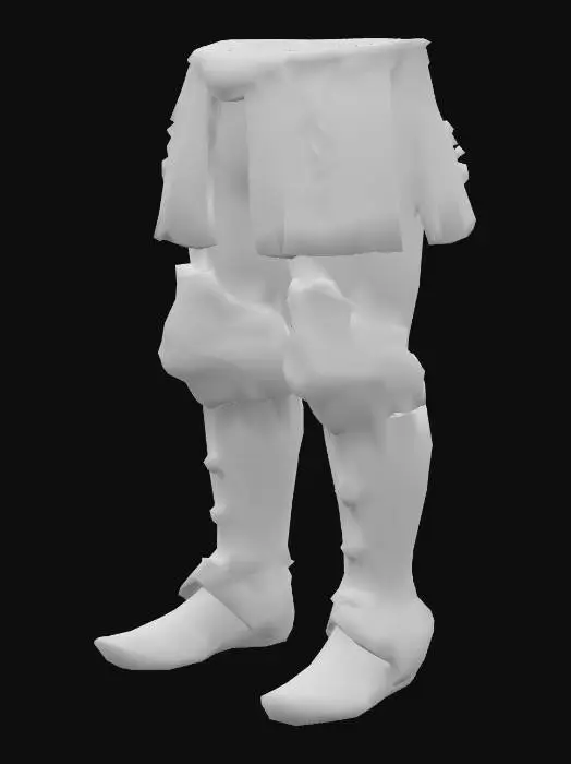 3D model for A medieval fantasy leg armor, designed for a male warrior. The armor is made of steel with a slightly worn, battle-used look. Strong thigh plates with defined shape, layered knee guards, and greaves covering the shins. Leather straps and buckles on the sides for fastening. Engraved ornaments along the edges to match the chest armor style. Symmetrical design, realistic proportions, optimized for use in a video game character. Neutral T-pose alignment, no torso or arms included, only the leg armor.