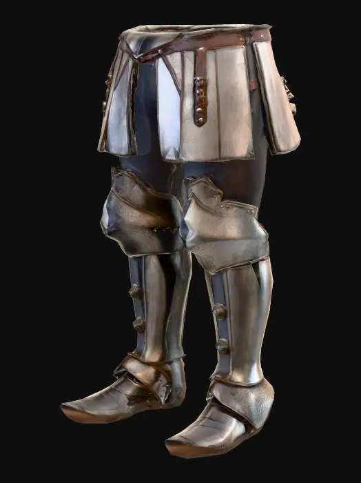 3D model for A medieval fantasy leg armor, designed for a male warrior. The armor is made of steel with a slightly worn, battle-used look. Strong thigh plates with defined shape, layered knee guards, and greaves covering the shins. Leather straps and buckles on the sides for fastening. Engraved ornaments along the edges to match the chest armor style. Symmetrical design, realistic proportions, optimized for use in a video game character. Neutral T-pose alignment, no torso or arms included, only the leg armor.