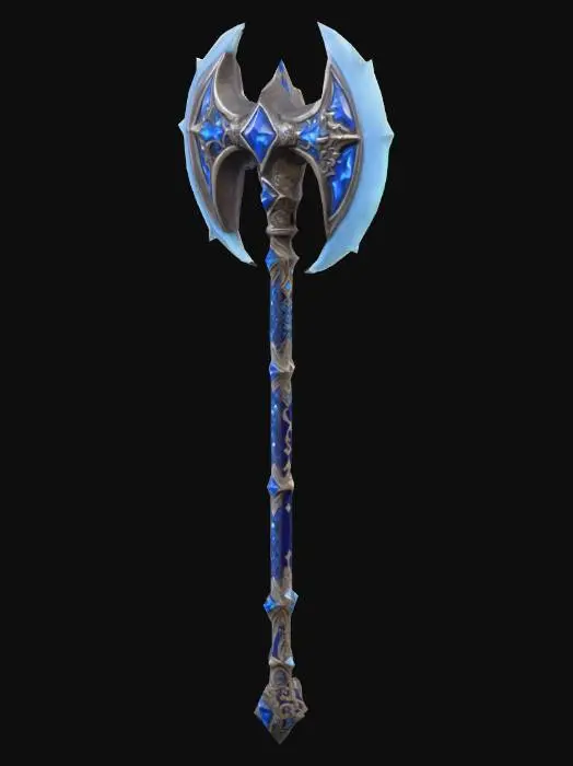 3D model for Zweihandaxt, Doppfelkinge mit Blauen Diamanten. Ger Griff ist lang mit Verzierungen und diamanten.