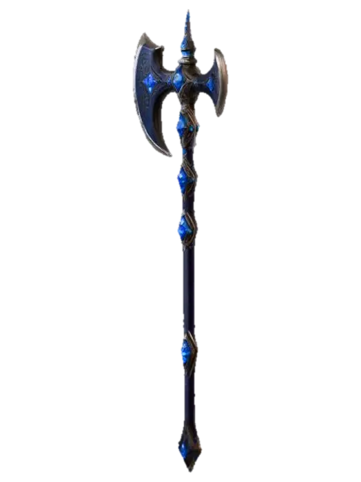 Zweihandaxt, Doppfelkinge mit Blauen Diamanten. Ger Griff ist lang mit Verzierungen… - Villain-3D-modell, genererad av AI