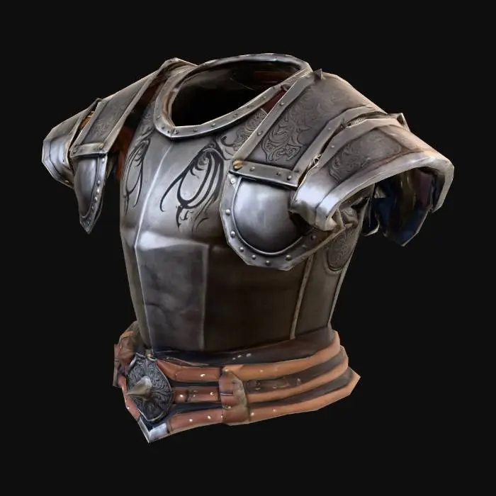 3D model for A medieval fantasy chest armor, designed for a male warrior. The armor is made of steel with a slightly worn, battle-used look. Strong chest plate with defined muscular shape, layered shoulder guards (pauldrons) attached, leather straps and buckles on the sides, engraved ornaments along the edges. Symmetrical design, realistic proportions, optimized for use in a video game character. Neutral T-pose alignment, no arms included, just the chest and shoulder armor.