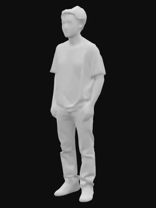 3D model for human male tall , lean , handsome , wearing a tshirt with letters "ACDC" on it , and on bottom wearing a denim blue jeans and on foot wearing nike jordan air max 3. he has shabby dark brown hair and has a scared expression on his face