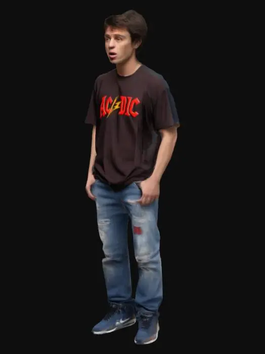 3D model for human male tall , lean , handsome , wearing a tshirt with letters "ACDC" on it , and on bottom wearing a denim blue jeans and on foot wearing nike jordan air max 3. he has shabby dark brown hair and has a scared expression on his face