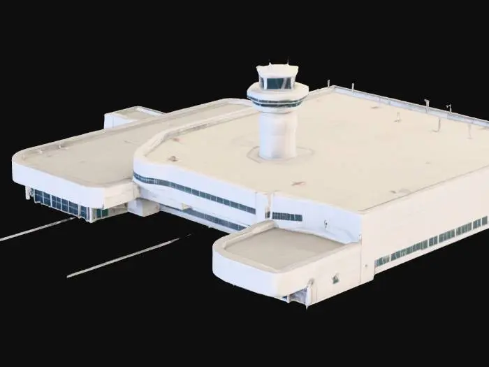 3D model for A classic airport, simple low-poly style, large and spaciou. Minimal details,, clean geometric shapes,. Stylized for a game environment.