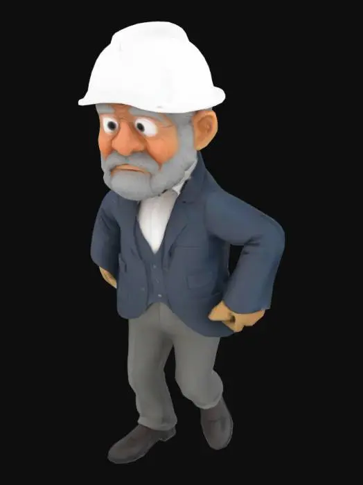 3D model for 一个四肢健全的老年人类男性，看起来像是图书管理员，或者是博士，总之是学识渊博的形象，但是头上带着一个白色的玻璃钢安全帽