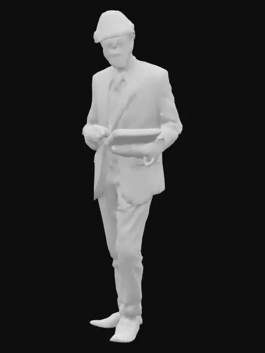 3D model for 一个四肢健全的老年人类男性，看起来像是图书管理员，或者是博士，总之是学识渊博的形象，但是头上带着一个白色的玻璃钢安全帽