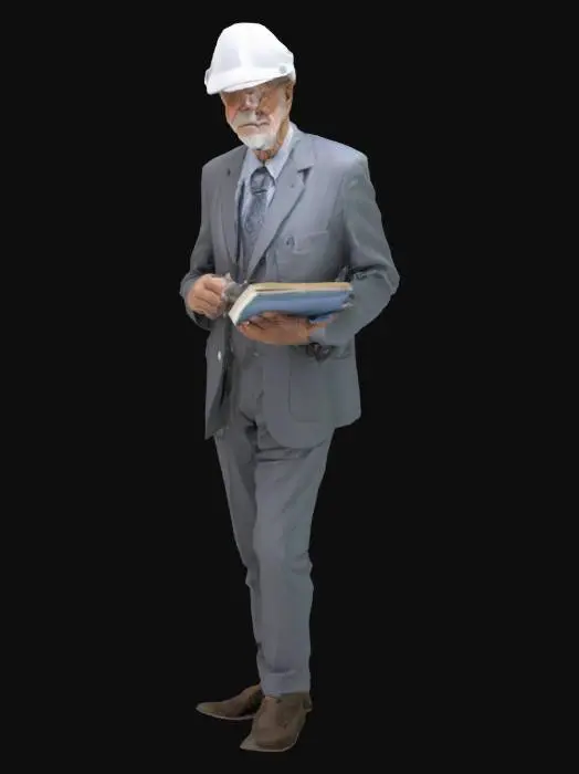 3D model for 一个四肢健全的老年人类男性，看起来像是图书管理员，或者是博士，总之是学识渊博的形象，但是头上带着一个白色的玻璃钢安全帽