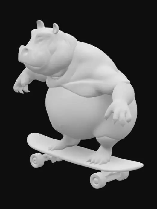 3D model for Create an anamorphic muscular, enthusiastic Hippo riding on a skateboard,  Fantasy, Highly Detailed, Ultra Realistic, Symmetrical Body, Full Body