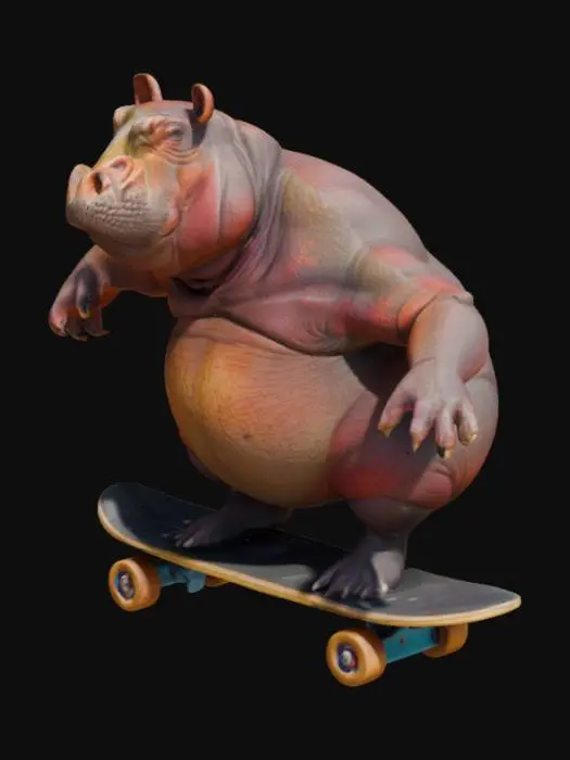 3D model for Create an anamorphic muscular, enthusiastic Hippo riding on a skateboard,  Fantasy, Highly Detailed, Ultra Realistic, Symmetrical Body, Full Body