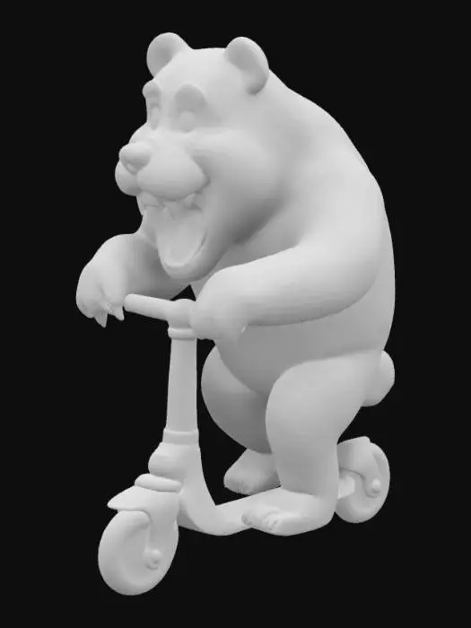 3D model for Create an anamorphic muscular, enthusiastic, furry, broad smiling bear riding on a children's scooter, fantasy, Highly Detailed, Ultra Realistic, Symmetrical Body, Full Body, high quality