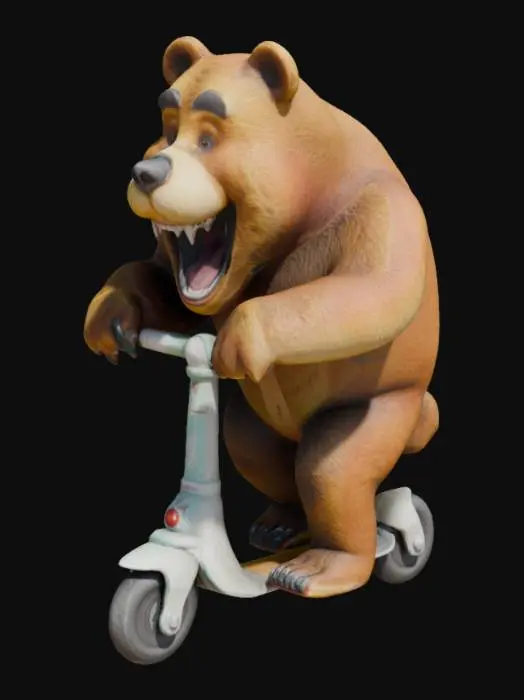 3D model for Create an anamorphic muscular, enthusiastic, furry, broad smiling bear riding on a children's scooter, fantasy, Highly Detailed, Ultra Realistic, Symmetrical Body, Full Body, high quality