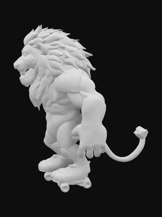 3D model for Create an anamorphic muscular, enthusiastic, broad smiling lion with waving mane and standing upright. Riding on roller skates, fantasy, Highly Detailed, Ultra Realistic, Symmetrical Body, Full Body, high quality