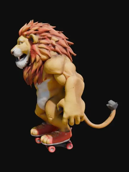 3D model for Create an anamorphic muscular, enthusiastic, broad smiling lion with waving mane and standing upright. Riding on roller skates, fantasy, Highly Detailed, Ultra Realistic, Symmetrical Body, Full Body, high quality